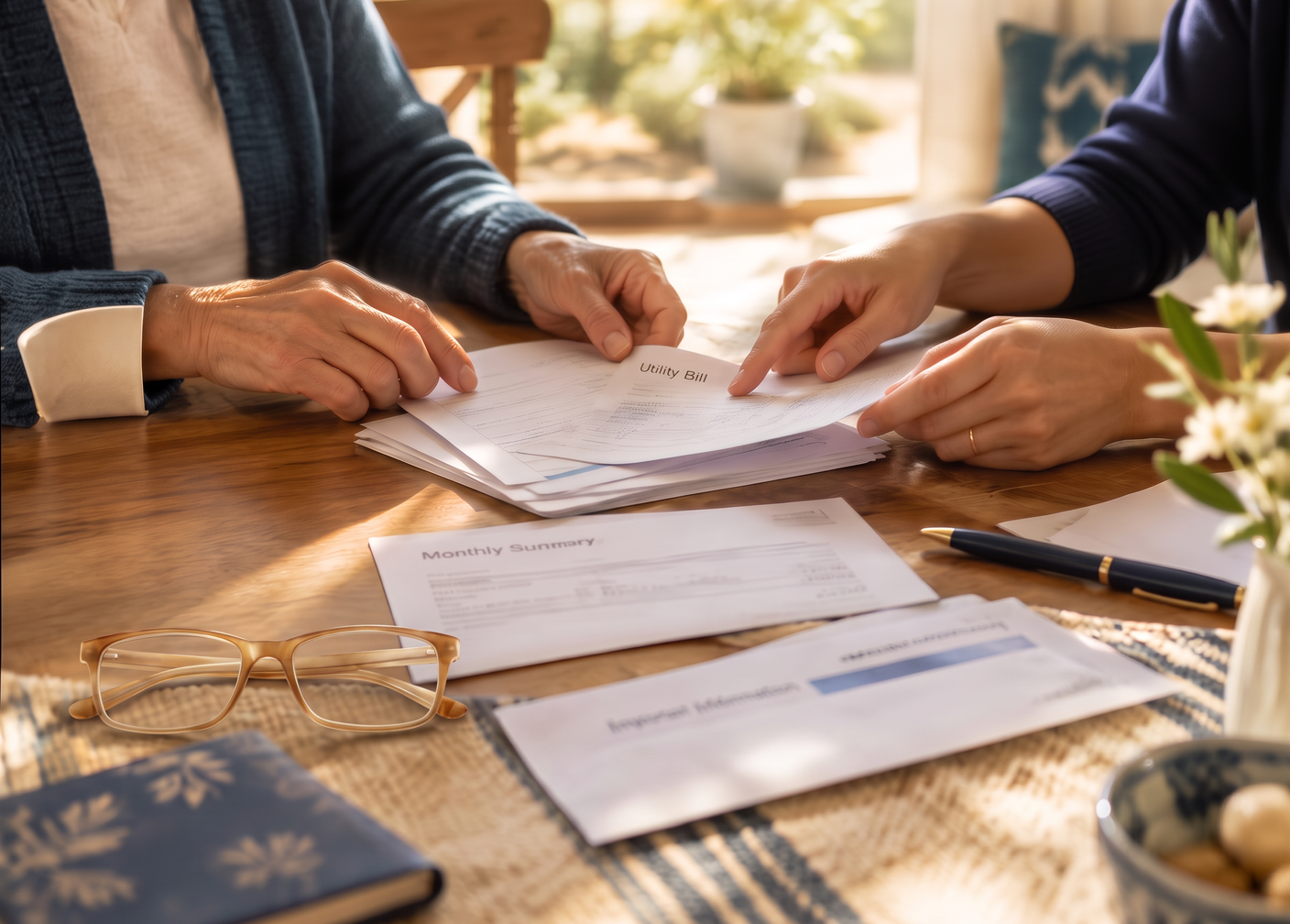A trusted helper and a senior going through household bills together at a sunny kitchen table